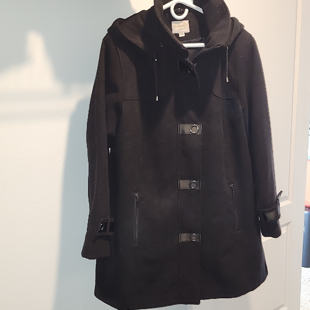 Black Trench Coat with Hood and High Collar